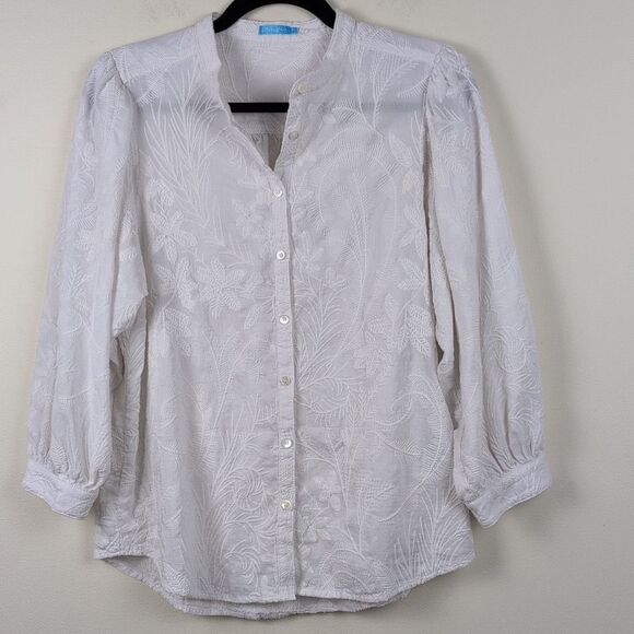 J. McLaughlin White Embroidered Floral Button Front Blouse 3/4 Length Sleeves - Picture 9 of 9